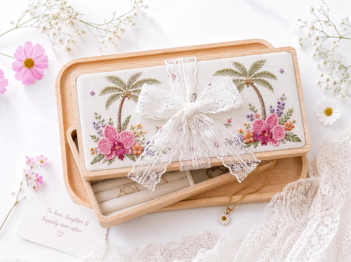 Personalized Tropical Embroidered Jewelry Box, Custom Orchids and Palm Tree Keepsake Box, Wooden Jewelry Organizer, Anniversary Gift for Her