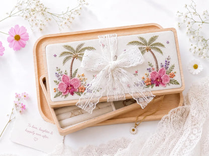 Personalized Tropical Embroidered Jewelry Box, Custom Orchids and Palm Tree Keepsake Box, Wooden Jewelry Organizer, Anniversary Gift for Her