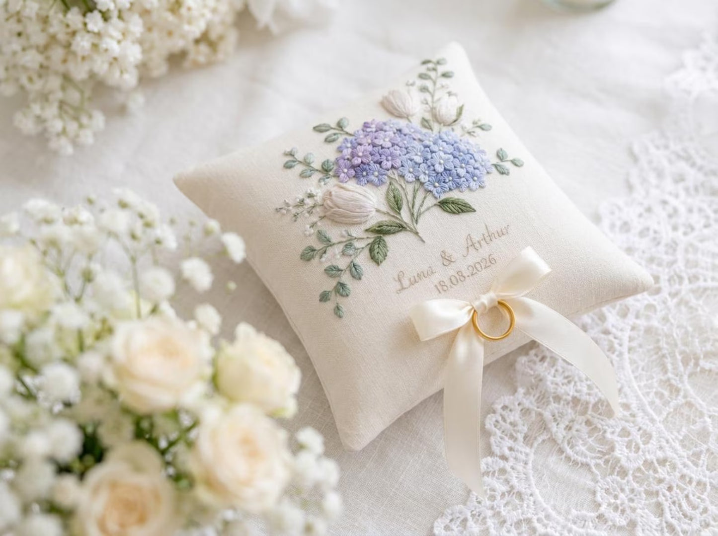 Personalized Hydrangea and White Tulip Embroidered Ring Pillow, Custom Names and Date, Blue Floral Wedding Ring Bearer Pillow Gift, Keepsake