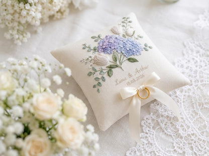 Personalized Hydrangea and White Tulip Embroidered Ring Pillow, Custom Names and Date, Blue Floral Wedding Ring Bearer Pillow Gift, Keepsake