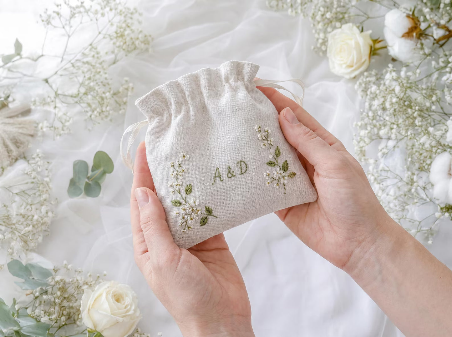 Personalized Wedding Ring Pillow Set, Embroidered Linen Ring Bearer Pillow, Custom Sachet Bag, Floral Wedding Ribbon, Keepsake Gift for Hers