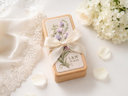 Personalized Embroidered Jewelry Box, Custom Sweet Pea Ring Box, Wildflower Wedding Keepsake, Handmade Linen Gift for Bride, Initials Dates