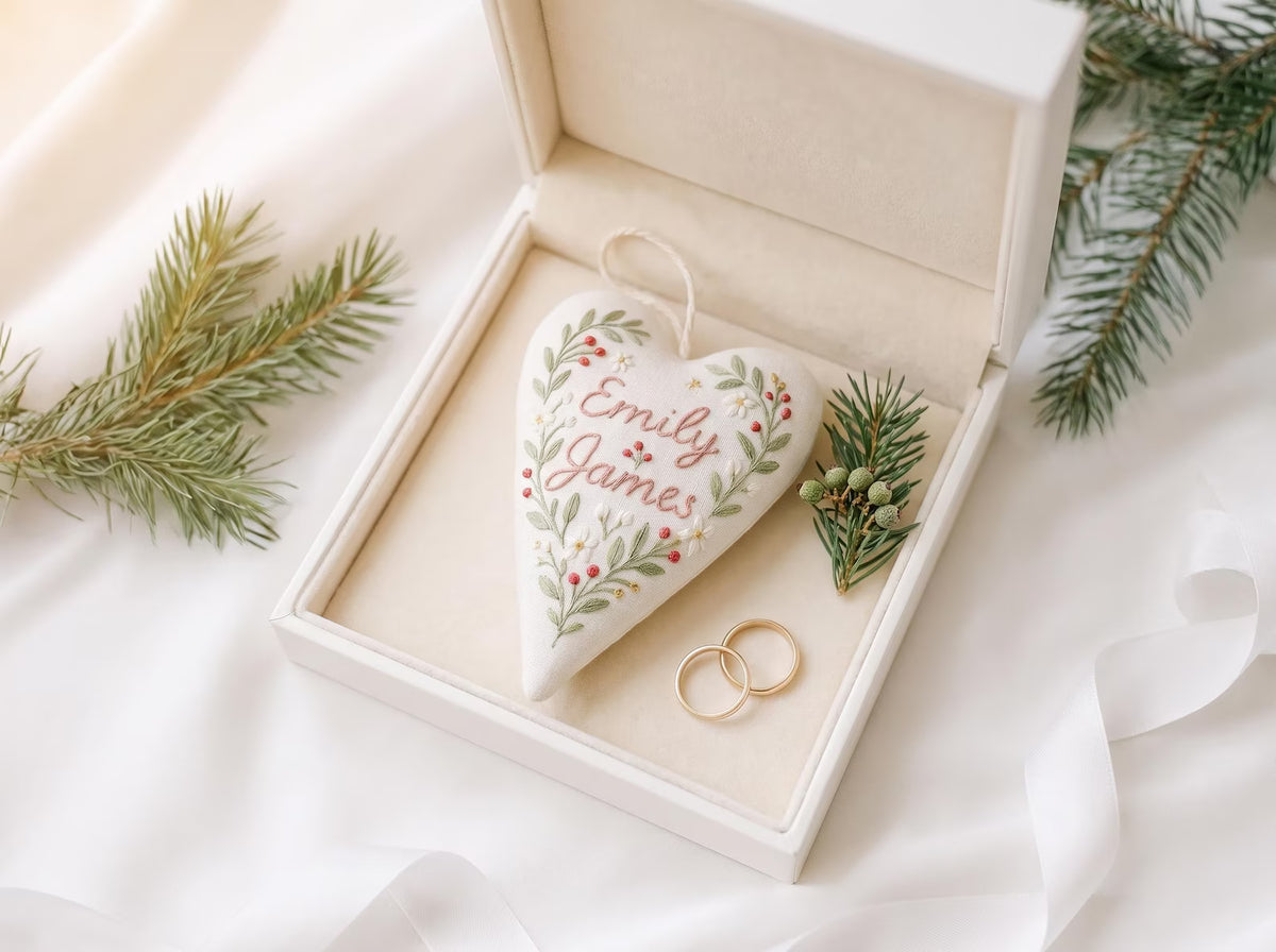 Personalized Wedding Heart Ornament – Hand Embroidered Linen Floral Ornament with Names & Date – Custom Wedding Christmas Gift Decoration