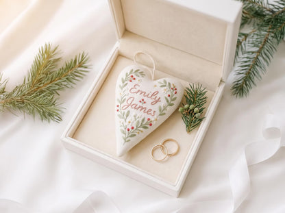 Personalized Wedding Heart Ornament – Hand Embroidered Linen Floral Ornament with Names & Date – Custom Wedding Christmas Gift Decoration