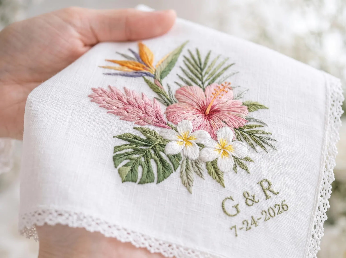 Tropical Wedding Handkerchief, Personalized Embroidered Hanky, Custom Bridal Handkerchief, Floral Wedding Hankie, Key West Bride Gift