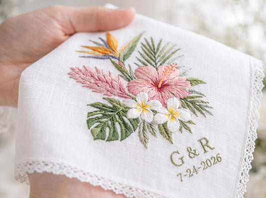 Tropical Wedding Handkerchief, Personalized Embroidered Hanky, Custom Bridal Handkerchief, Floral Wedding Hankie, Key West Bride Gift