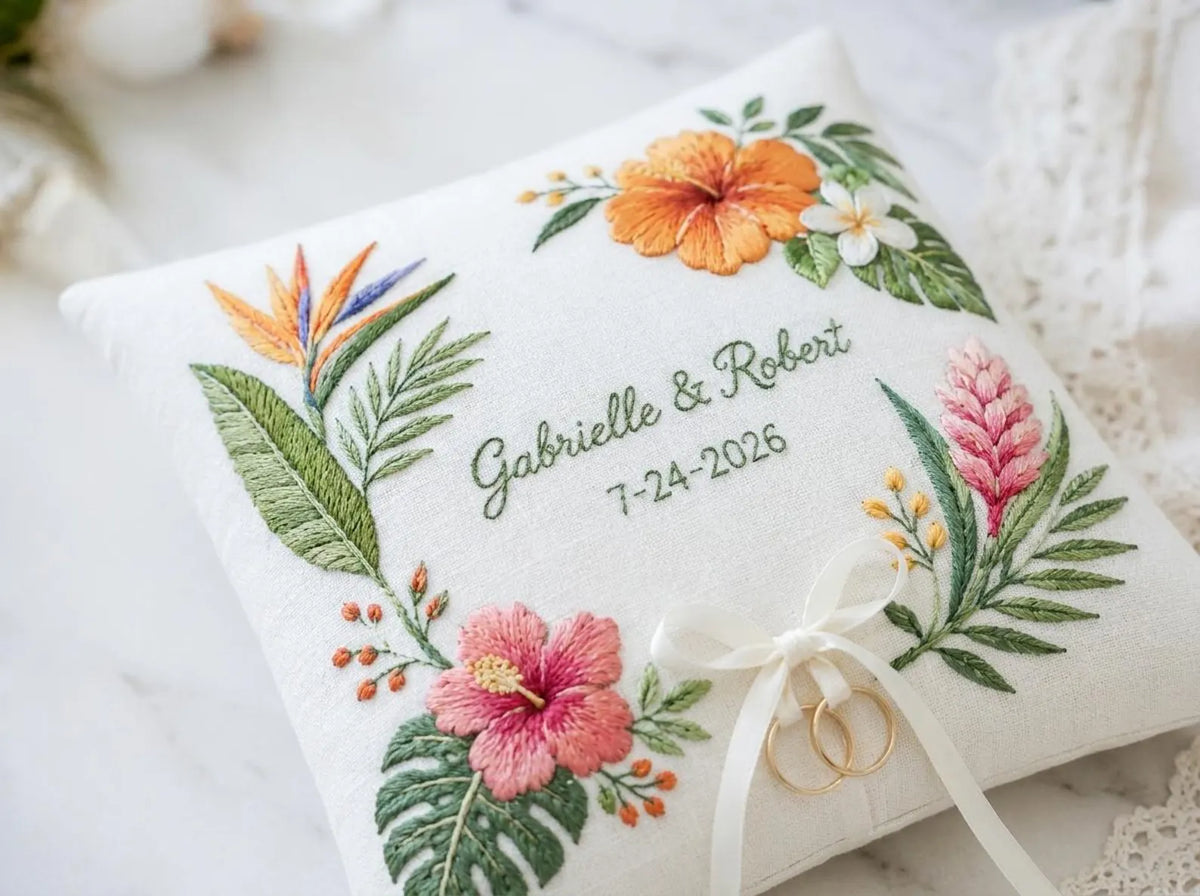 Tropical Ring Bearer Pillow, Personalized Wedding Ring Pillow, Hand Embroidered Ring Cushion, Floral Ring Pillow, Key West Wedding Decor