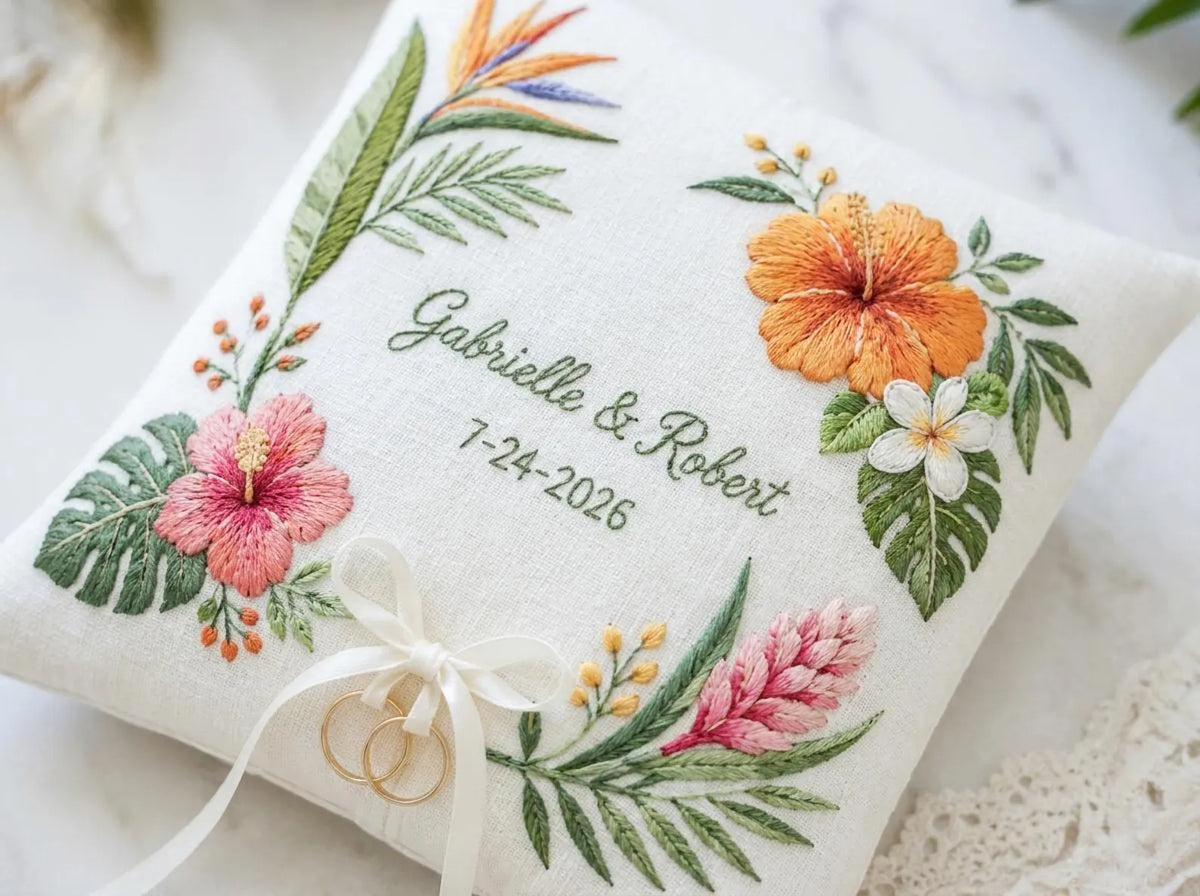 Tropical Ring Bearer Pillow, Personalized Wedding Ring Pillow, Hand Embroidered Ring Cushion, Floral Ring Pillow, Key West Wedding Decor