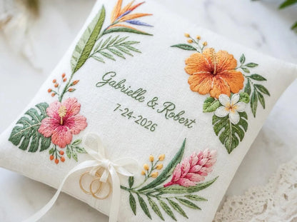 Tropical Ring Bearer Pillow, Personalized Wedding Ring Pillow, Hand Embroidered Ring Cushion, Floral Ring Pillow, Key West Wedding Decor