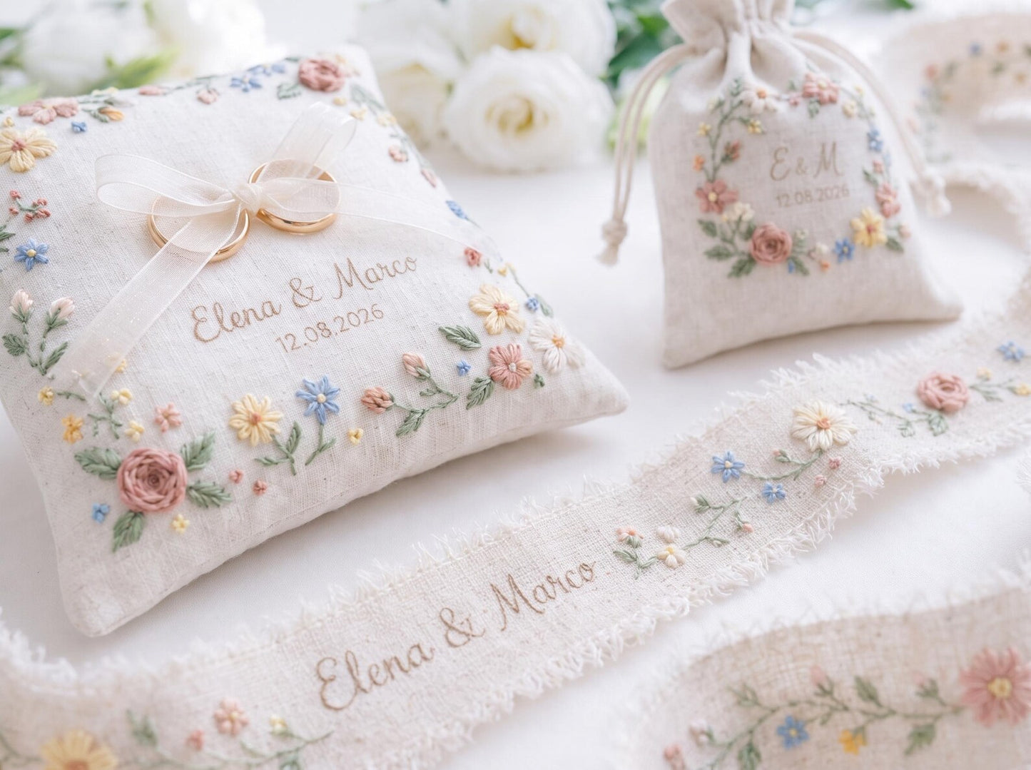 Personalized Wedding Gift Set, Hand Embroidered Ring Pillow, Linen Ribbon & Sachet Bag, Custom Bridal Keepsake, Handmade Wedding Decor Gift