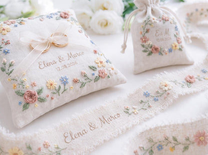 Personalized Wedding Gift Set, Hand Embroidered Ring Pillow, Linen Ribbon & Sachet Bag, Custom Bridal Keepsake, Handmade Wedding Decor Gift