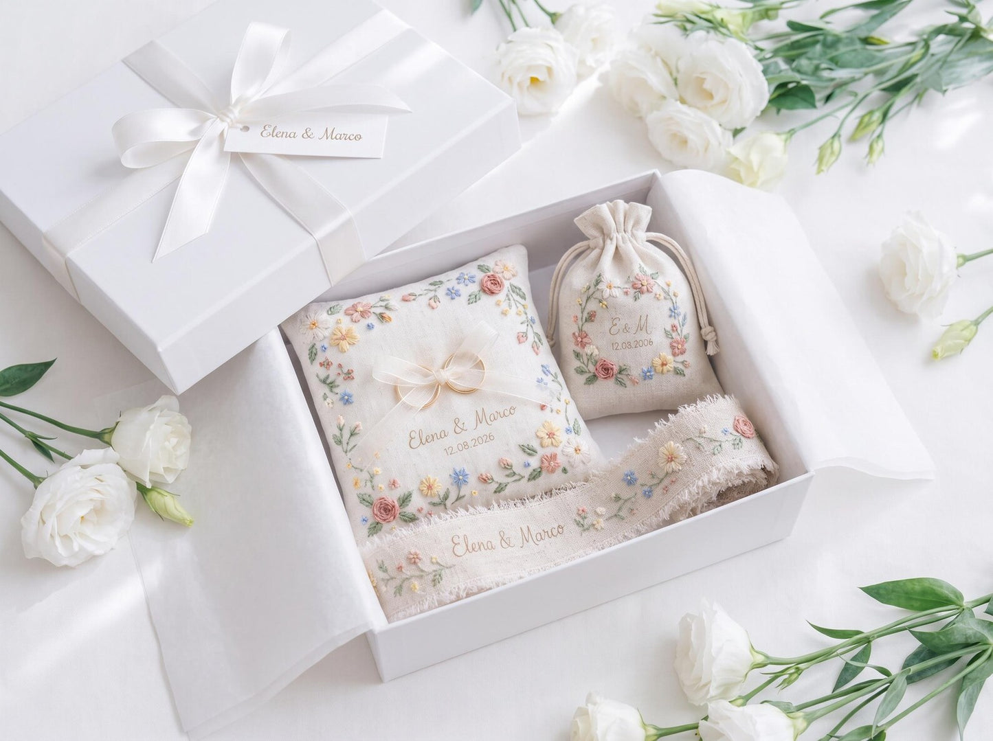 Personalized Wedding Gift Set, Hand Embroidered Ring Pillow, Linen Ribbon & Sachet Bag, Custom Bridal Keepsake, Handmade Wedding Decor Gift