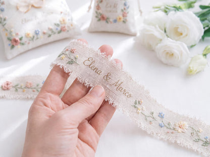 Personalized Wedding Gift Set, Hand Embroidered Ring Pillow, Linen Ribbon & Sachet Bag, Custom Bridal Keepsake, Handmade Wedding Decor Gift