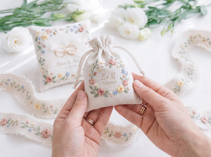 Personalized Wedding Gift Set, Hand Embroidered Ring Pillow, Linen Ribbon & Sachet Bag, Custom Bridal Keepsake, Handmade Wedding Decor Gift