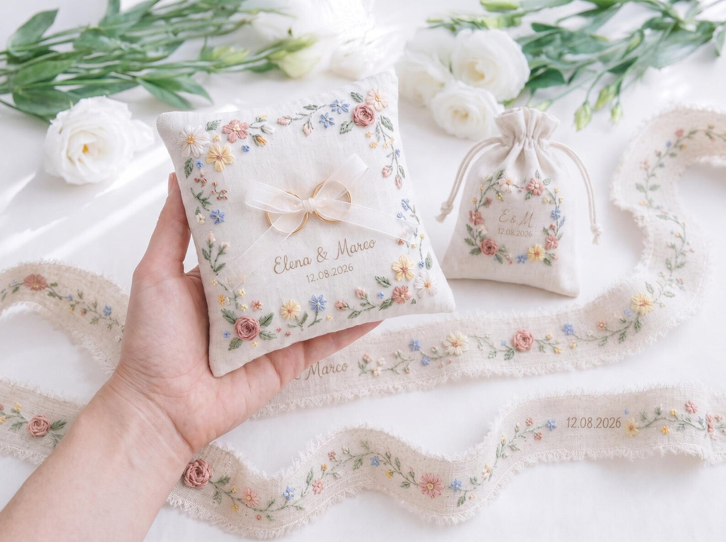 Personalized Wedding Gift Set, Hand Embroidered Ring Pillow, Linen Ribbon & Sachet Bag, Custom Bridal Keepsake, Handmade Wedding Decor Gift