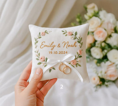 Personalized Blossom Embroidered Ring Bearer Pillow, Custom Linen Wedding Cushion, Hand Embroidery Ring Holder, Floral Ring Pillow, Wedding Gift