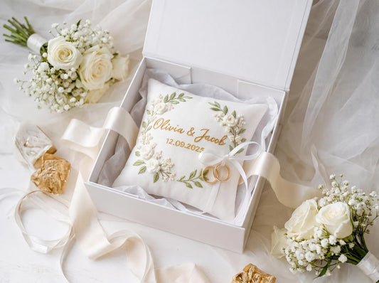 Personalized Blossom Embroidered Ring Bearer Pillow, Custom Linen Wedding Cushion, Hand Embroidery Ring Holder, Floral Ring Pillow, Wedding Gift