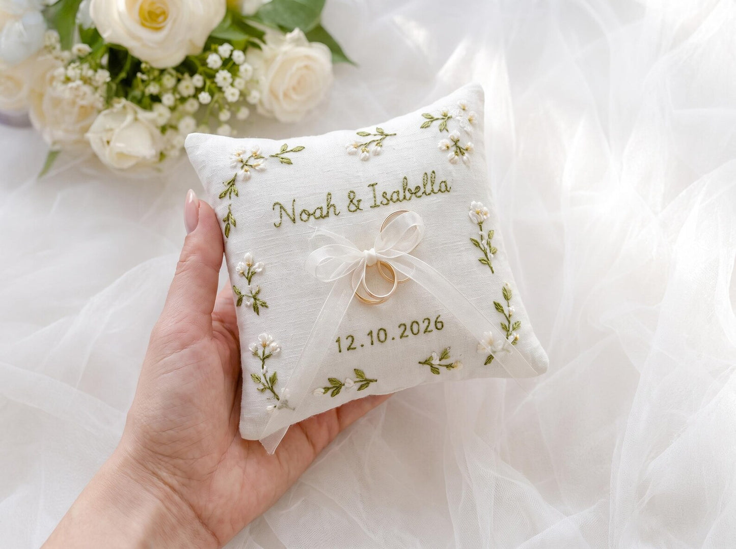 Personalized Wedding Handmade Embroidery Gift Set, Custom Ring Bearer Pillow, Linen Pouch, Ribbon Flower Box, Personalized Handmade Bridal