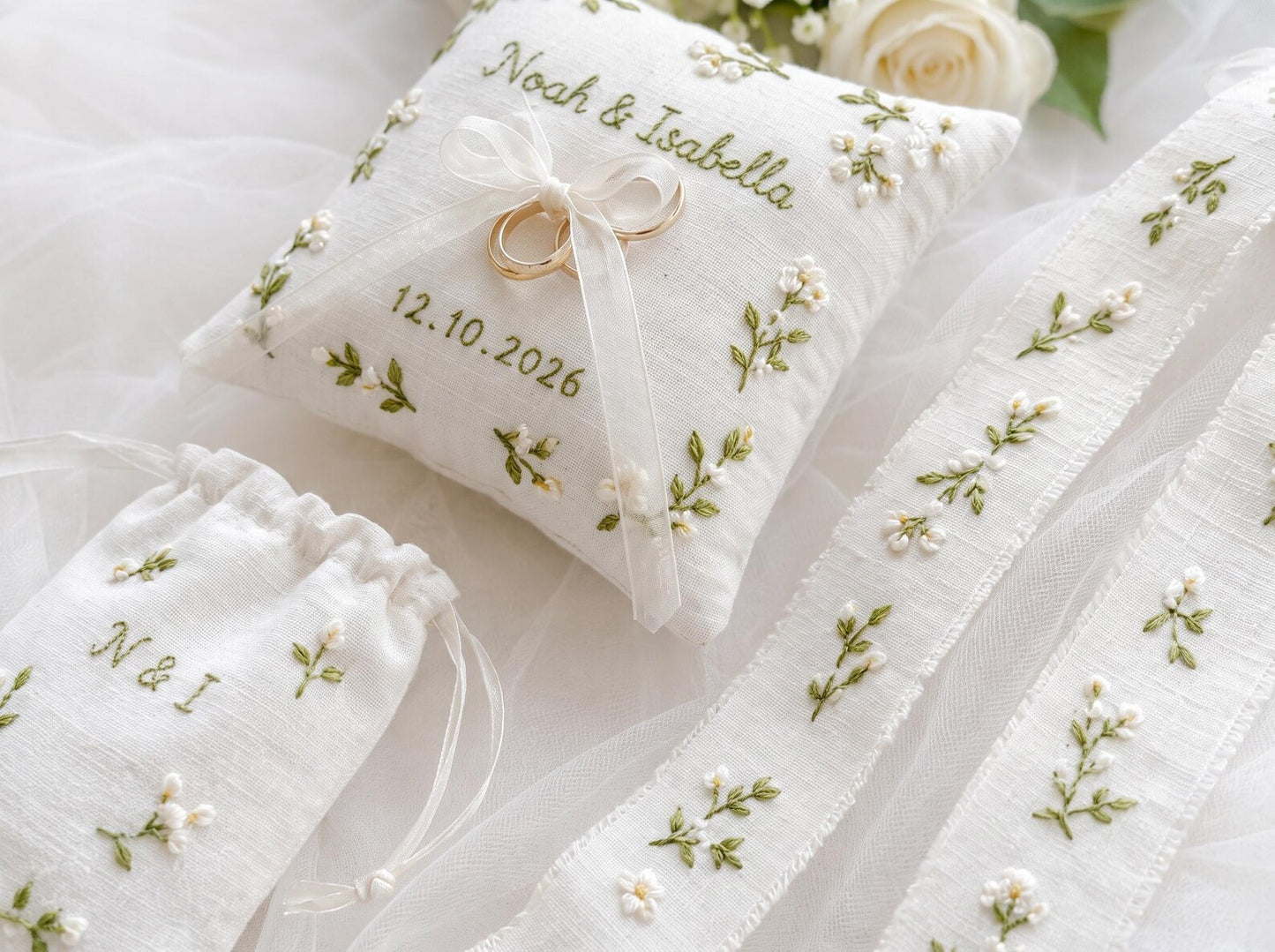 Personalized Wedding Handmade Embroidery Gift Set, Custom Ring Bearer Pillow, Linen Pouch, Ribbon Flower Box, Personalized Handmade Bridal