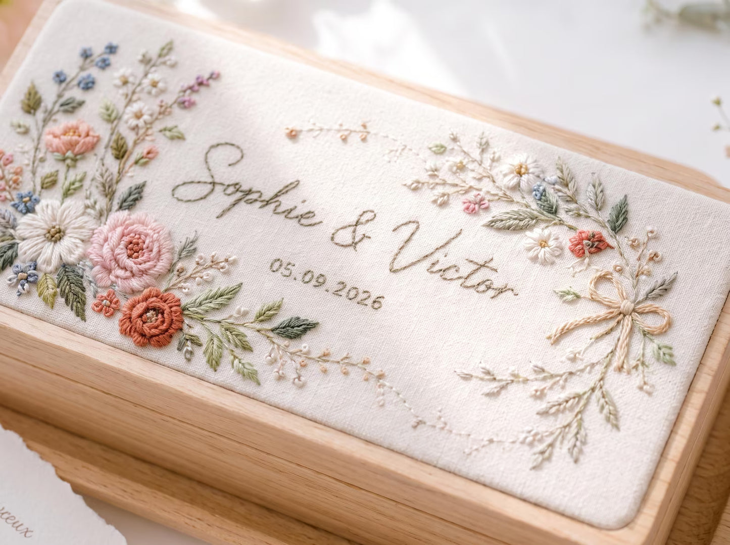 Personalized Wildflower & Rose Embroidered Wooden Jewelry Box, Custom Wedding Ring Box, Names and Date, Bridal Keepsake Gift