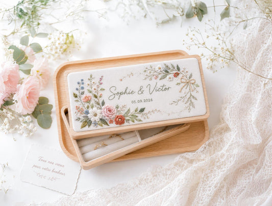 Personalized Wildflower & Rose Embroidered Wooden Jewelry Box, Custom Wedding Ring Box, Names and Date, Bridal Keepsake Gift