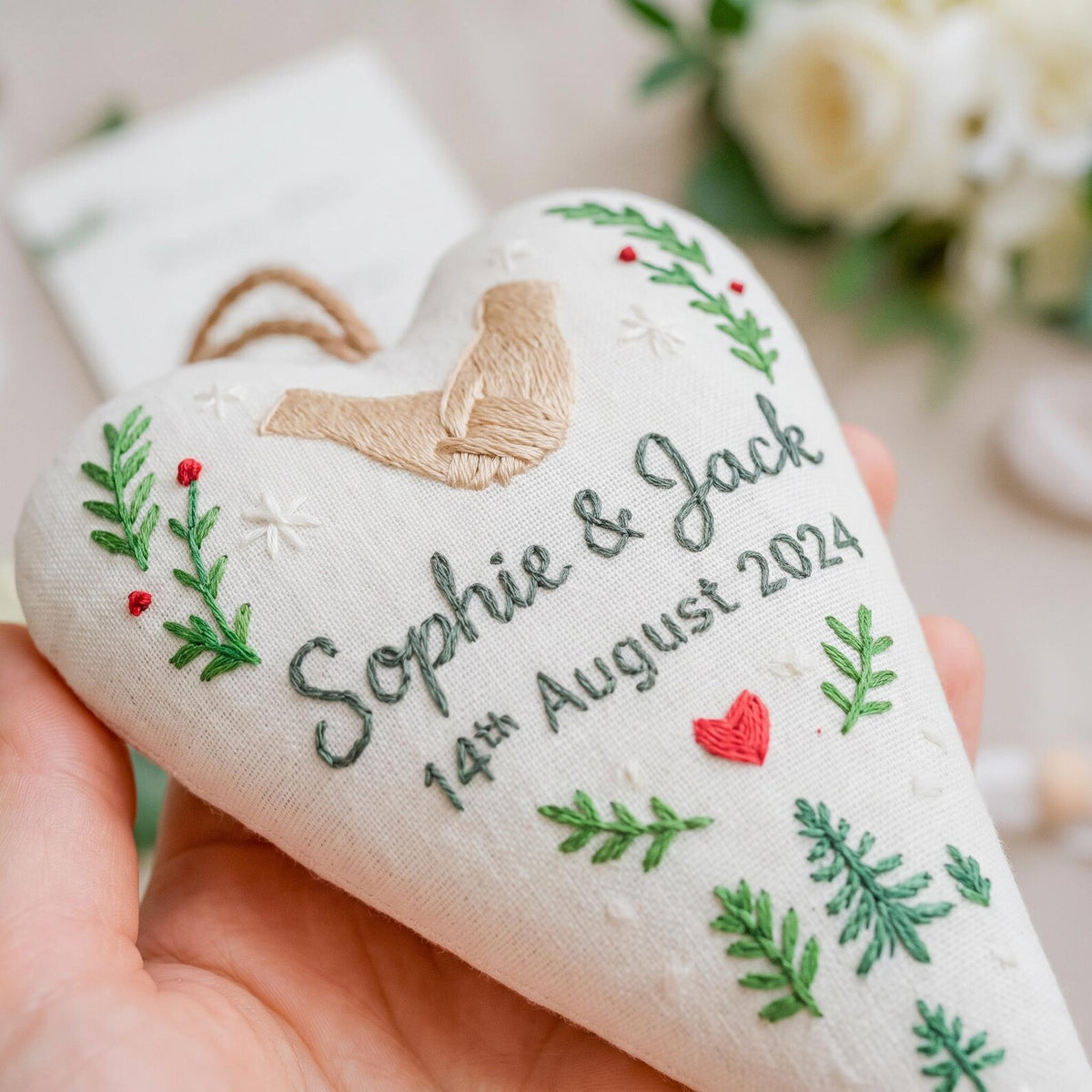 Personalized Wedding Ornament, Embroidered Heart Keepsake, Custom Couple Names Date, Handmade Bridal Shower Gift, Anniversary Gift Decor Art
