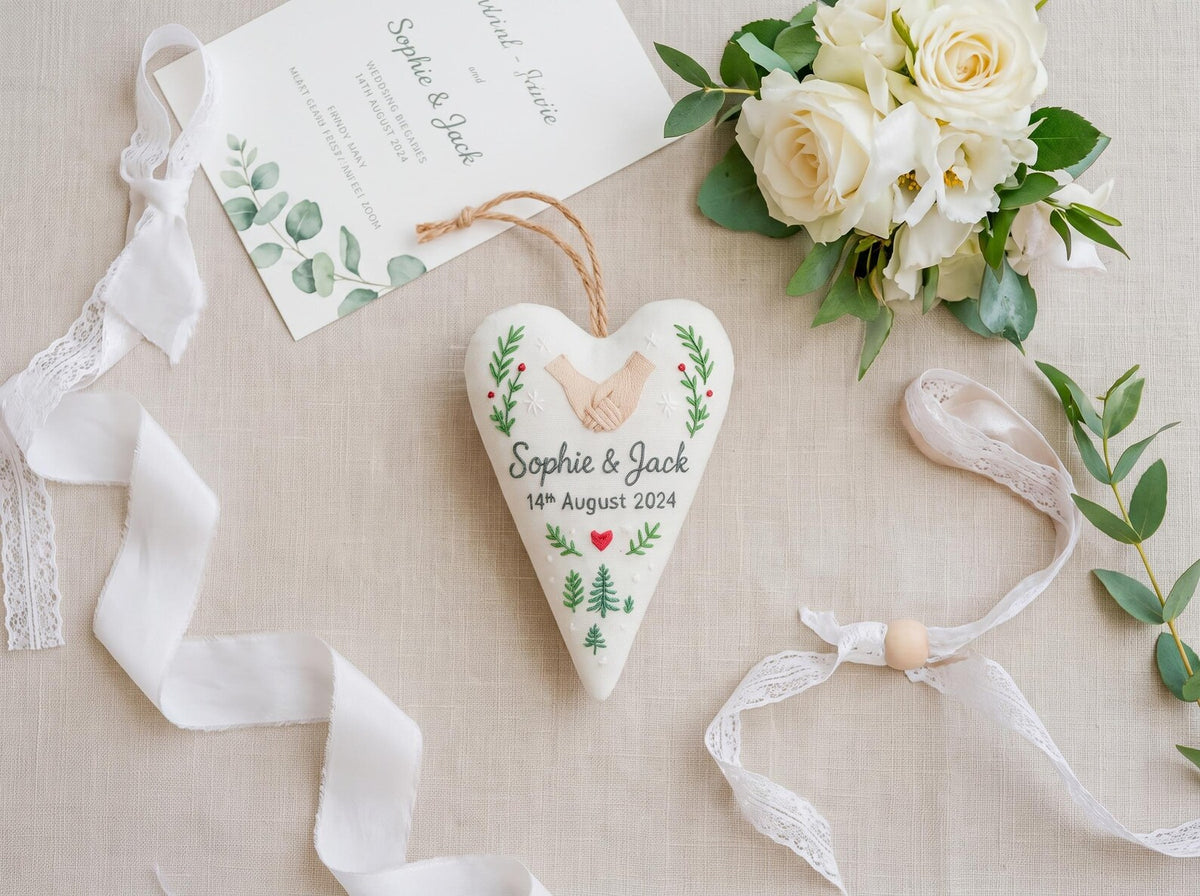 Personalized Wedding Ornament, Embroidered Heart Keepsake, Custom Couple Names Date, Handmade Bridal Shower Gift, Anniversary Gift Decor Art