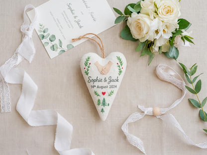 Personalized Wedding Ornament, Embroidered Heart Keepsake, Custom Couple Names Date, Handmade Bridal Shower Gift, Anniversary Gift Decor Art