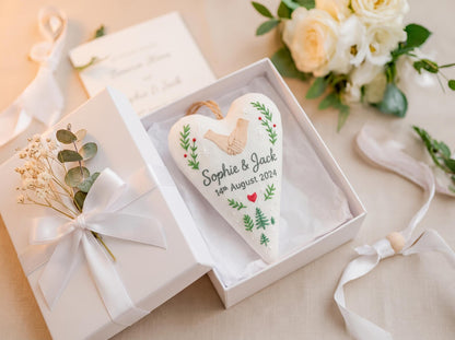 Personalized Wedding Ornament, Embroidered Heart Keepsake, Custom Couple Names Date, Handmade Bridal Shower Gift, Anniversary Gift Decor Art