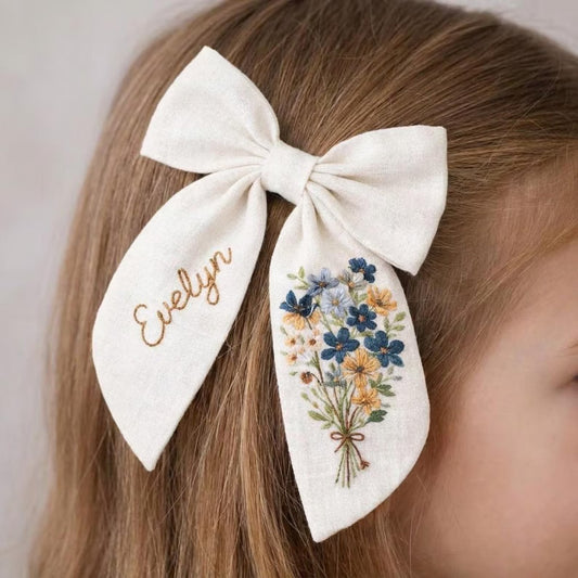 Forget Me Not Embroidered Hair Bow, Personalized Linen Bow Clip, Custom Name Flower Girl Bow, Wildflower Wedding Hair Accessory Gift for Her