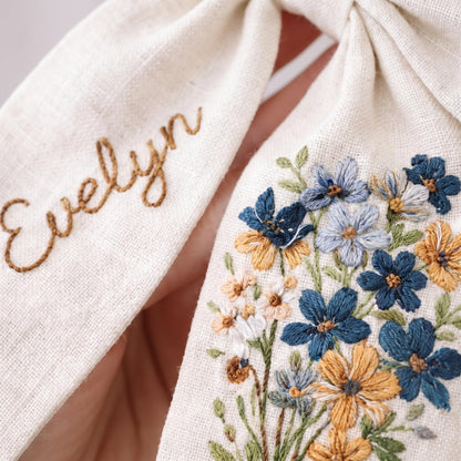 Forget Me Not Embroidered Hair Bow, Personalized Linen Bow Clip, Custom Name Flower Girl Bow, Wildflower Wedding Hair Accessory Gift for Her