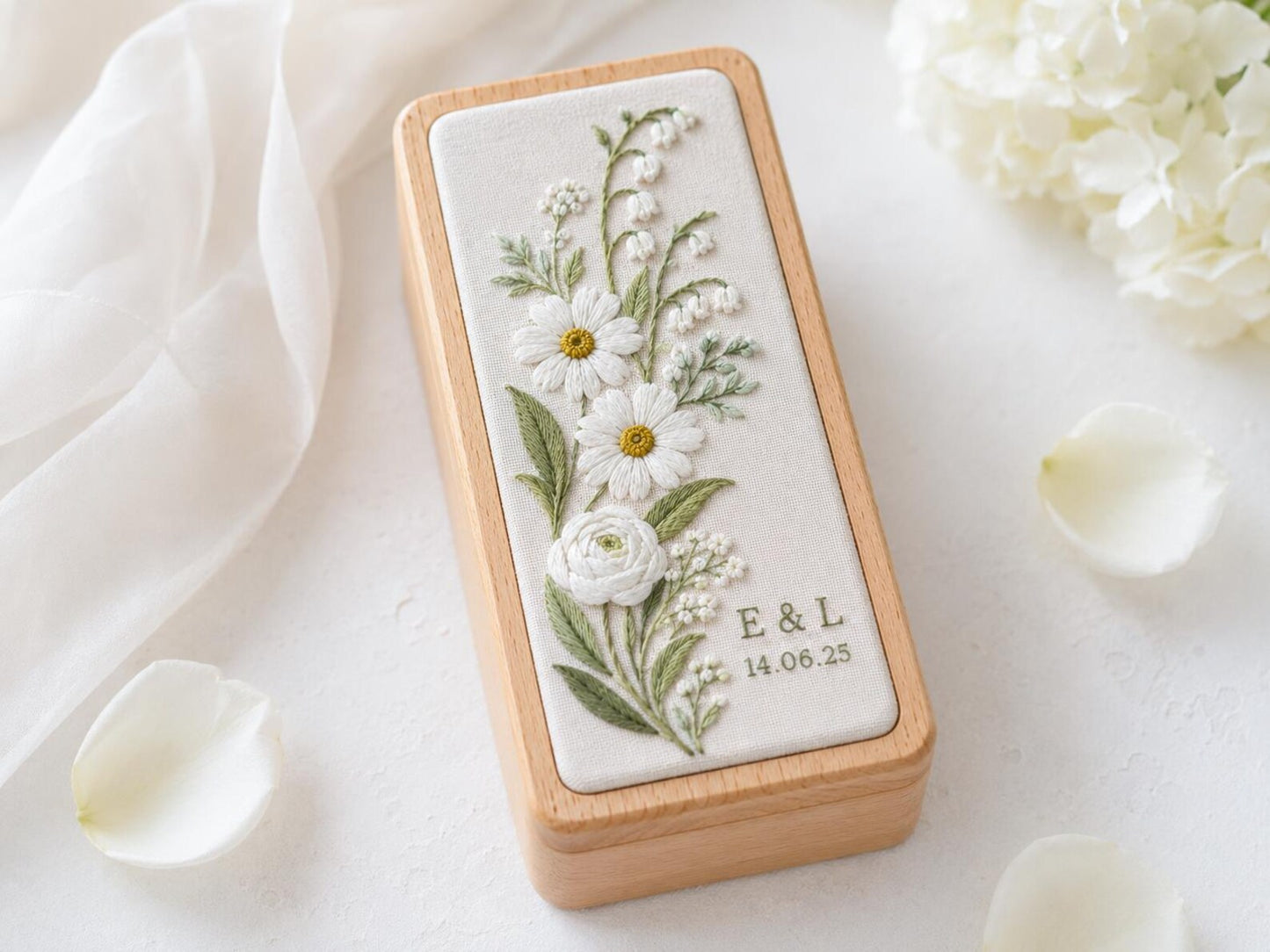 Daisy Lily of the Valley Ring Box, Personalized Wedding Ring Holder, Embroidered Floral Jewelry Box, Custom Names Date Bridal Keepsake Gifts