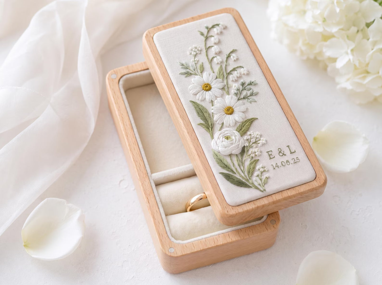 Daisy Lily of the Valley Ring Box, Personalized Wedding Ring Holder, Embroidered Floral Jewelry Box, Custom Names Date Bridal Keepsake Gifts