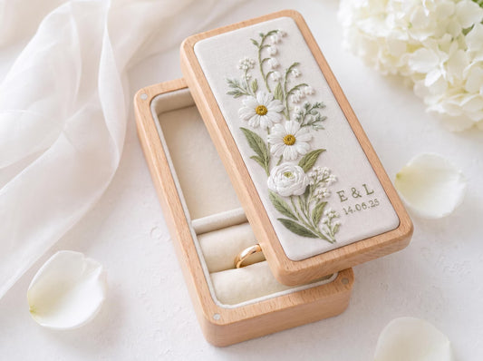 Daisy Lily of the Valley Ring Box, Personalized Wedding Ring Holder, Embroidered Floral Jewelry Box, Custom Names Date Bridal Keepsake Gifts