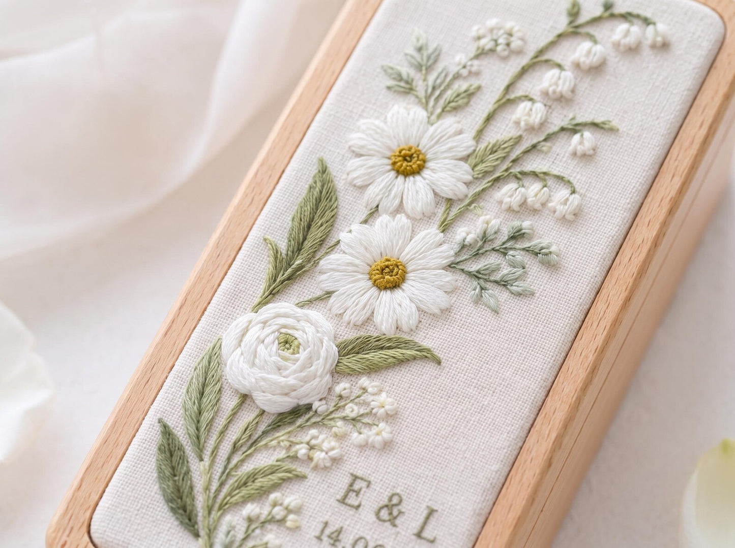 Daisy Lily of the Valley Ring Box, Personalized Wedding Ring Holder, Embroidered Floral Jewelry Box, Custom Names Date Bridal Keepsake Gifts