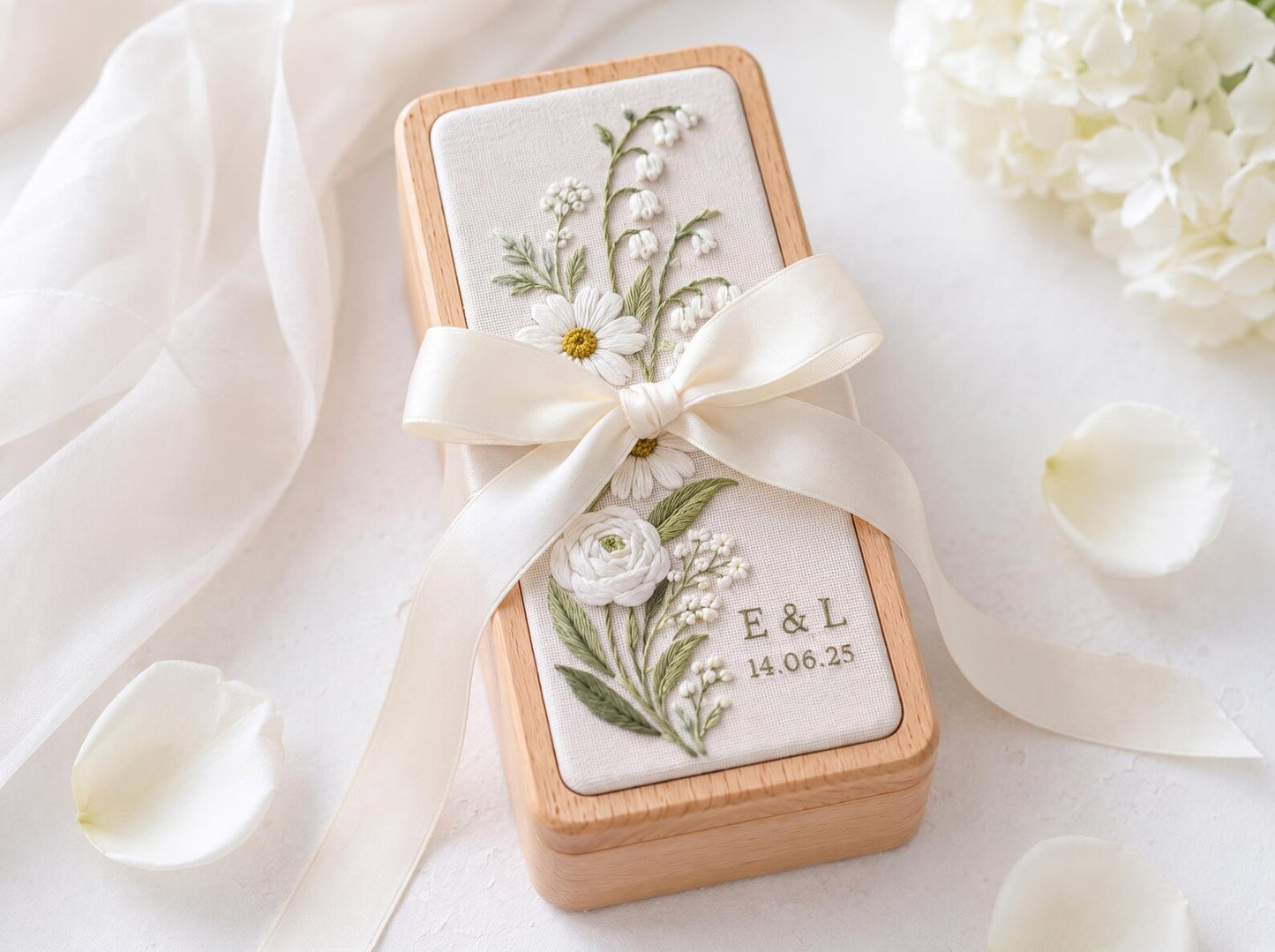 Daisy Lily of the Valley Ring Box, Personalized Wedding Ring Holder, Embroidered Floral Jewelry Box, Custom Names Date Bridal Keepsake Gifts
