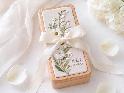 Daisy Lily of the Valley Ring Box, Personalized Wedding Ring Holder, Embroidered Floral Jewelry Box, Custom Names Date Bridal Keepsake Gifts