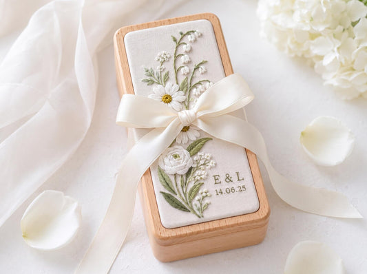Daisy Lily of the Valley Ring Box, Personalized Wedding Ring Holder, Embroidered Floral Jewelry Box, Custom Names Date Bridal Keepsake Gifts