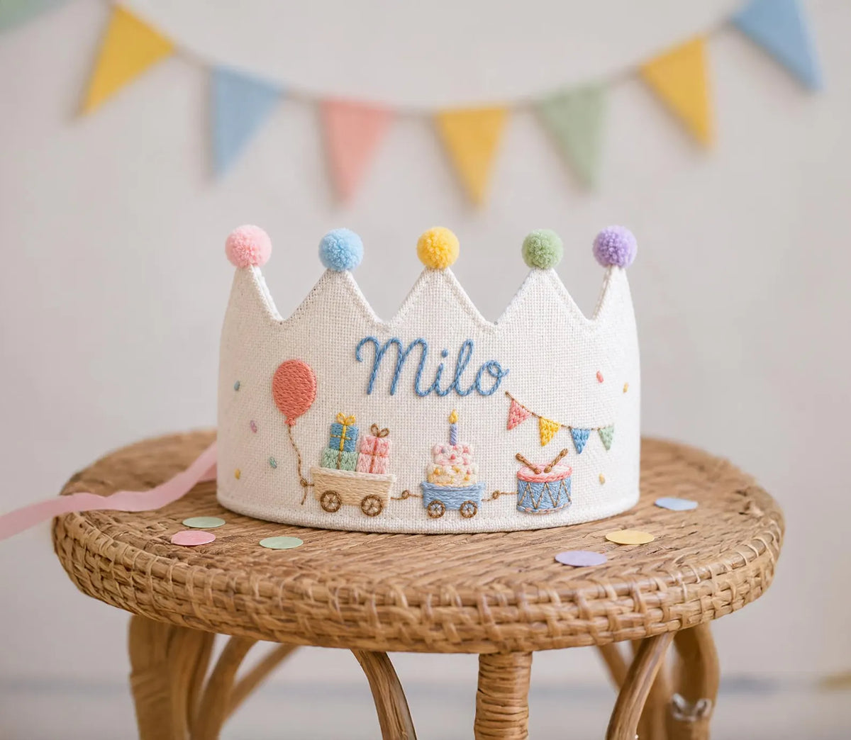 Personalized Linen Birthday Crown for Kids, Hand Embroidered Party Train, Cake and Drum Hat, Custom Name First Birthday Keepsake