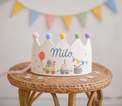 Personalized Linen Birthday Crown for Kids, Hand Embroidered Party Train, Cake and Drum Hat, Custom Name First Birthday Keepsake