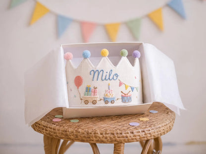Personalized Linen Birthday Crown for Kids, Hand Embroidered Party Train, Cake and Drum Hat, Custom Name First Birthday Keepsake