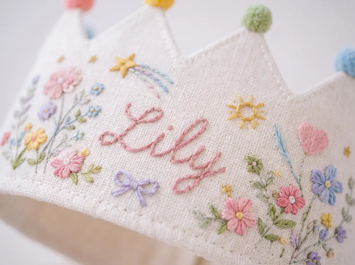 Personalized Linen Birthday Crown for Kids, Hand Embroidered Wildflower Party Hat, Custom Name First Birthday Keepsake Gift