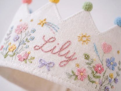 Personalized Linen Birthday Crown for Kids, Hand Embroidered Wildflower Party Hat, Custom Name First Birthday Keepsake Gift