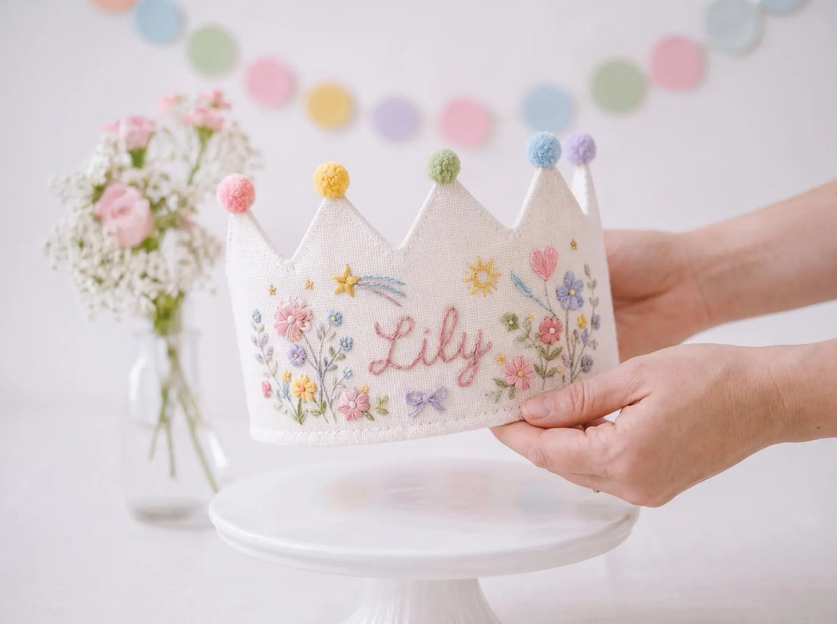 Personalized Linen Birthday Crown for Kids, Hand Embroidered Wildflower Party Hat, Custom Name First Birthday Keepsake Gift