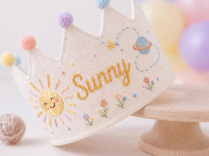 Personalized Linen Birthday Crown for Kids, Hand Embroidered Sun and Planet Party Hat, Custom Name First Birthday Keepsake Gift