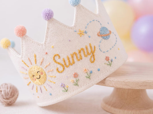 Personalized Linen Birthday Crown for Kids, Hand Embroidered Sun and Planet Party Hat, Custom Name First Birthday Keepsake Gift