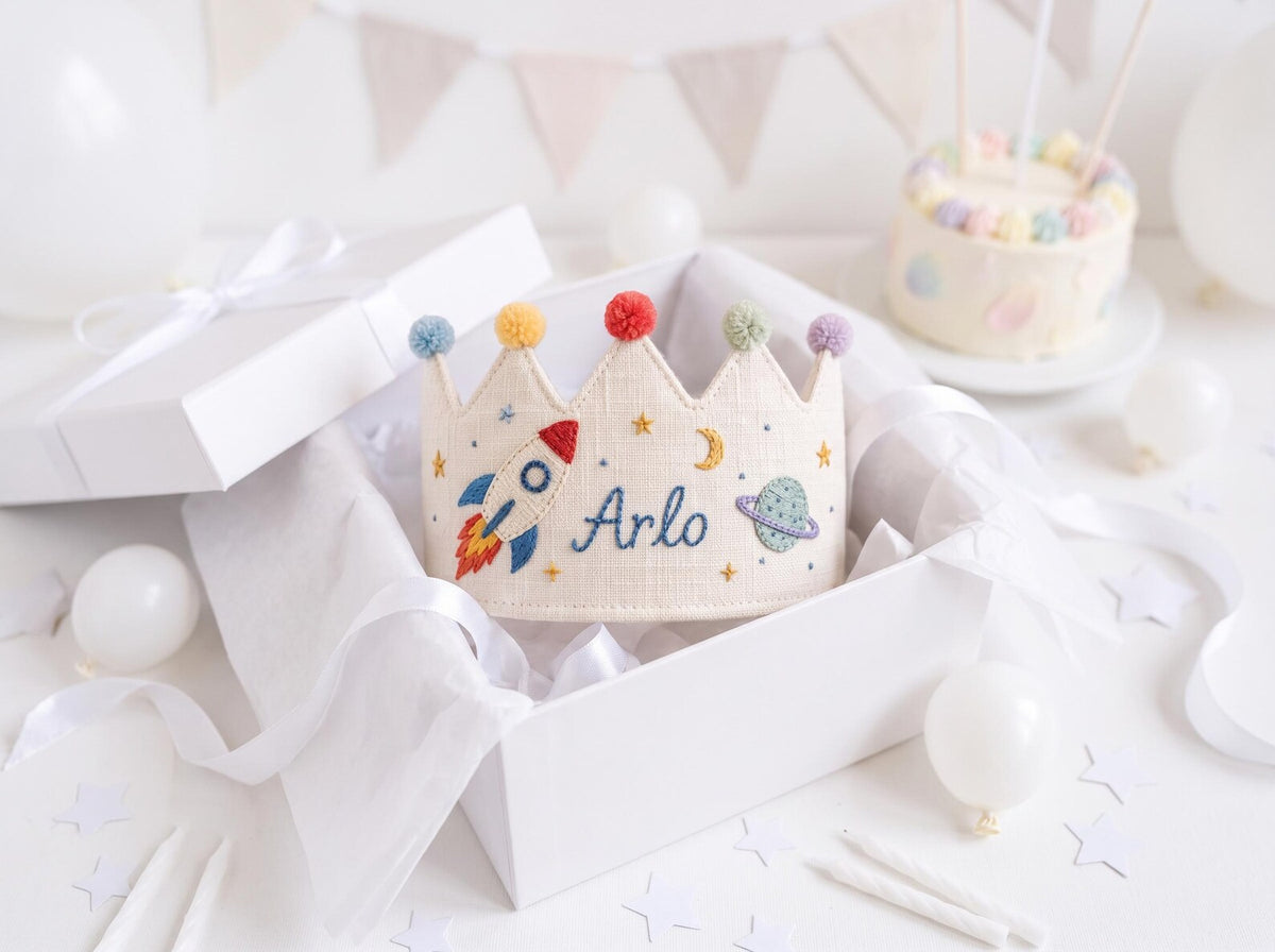 Personalized Linen Birthday Crown for Kids, Hand Embroidered Rocket and Space Party Hat, Custom Name First Birthday Keepsake Gift