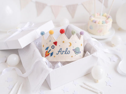 Personalized Linen Birthday Crown for Kids, Hand Embroidered Rocket and Space Party Hat, Custom Name First Birthday Keepsake Gift