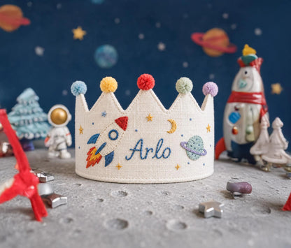 Personalized Linen Birthday Crown for Kids, Hand Embroidered Rocket and Space Party Hat, Custom Name First Birthday Keepsake Gift