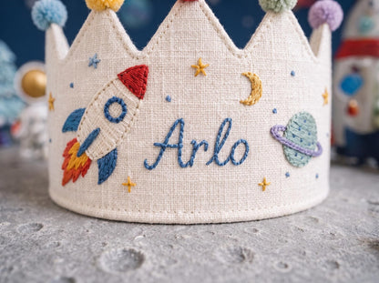 Personalized Linen Birthday Crown for Kids, Hand Embroidered Rocket and Space Party Hat, Custom Name First Birthday Keepsake Gift